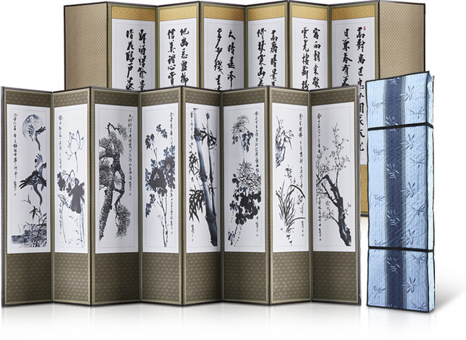 남원목기공예사 국산 이중배접 추사 사군자 8폭 병풍 + 3중 누빔커버, 1세트