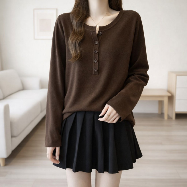 언헤브 여성용 버튼넥 루즈 티셔츠