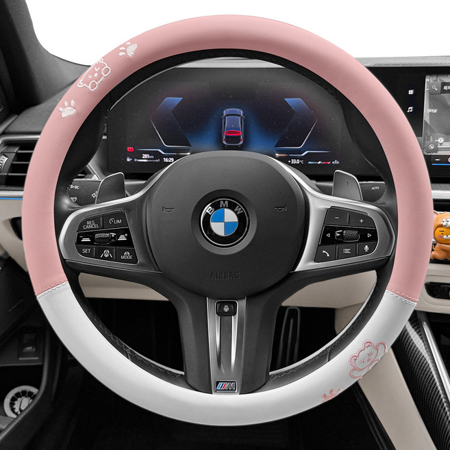 리드홈 여성용 귀여운 허니베어 가죽 전차종공용 자동차 핸들커버, 핑크화이트