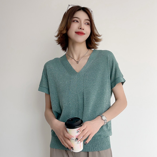 더시럽 여성용 브이넥 트윙클 니트 반팔