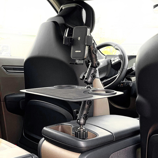 ARKON FOD2 스위블로버스트 트레이 차량용 컵홀더 테이블 듀얼코일 무선충전 휴대폰 거치대, 블랙, TLWRADWC323