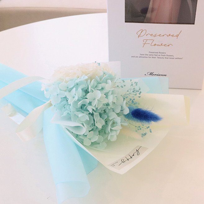 MORIANN 鮮花 可愛繡球 永生花 燈飾花束 + 禮物盒組, 可愛藍, 1個