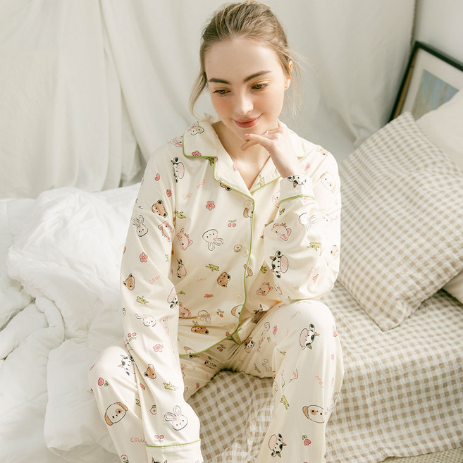 안나앤코 여성용 데일리 스위티 카라 긴팔 파자마 상하의 세트