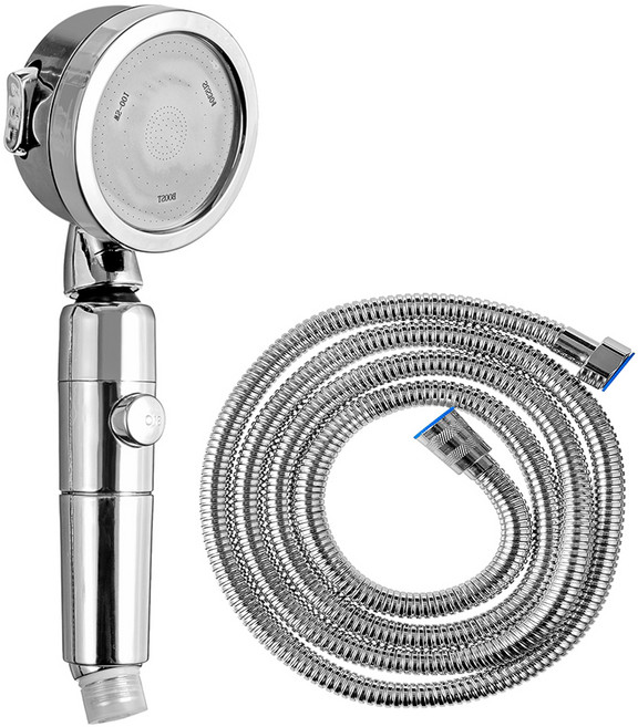 comet 三段水壓調節省水蓮蓬頭 + 蓮蓬頭軟管 2m 套組, 1組, 不鏽鋼銀色