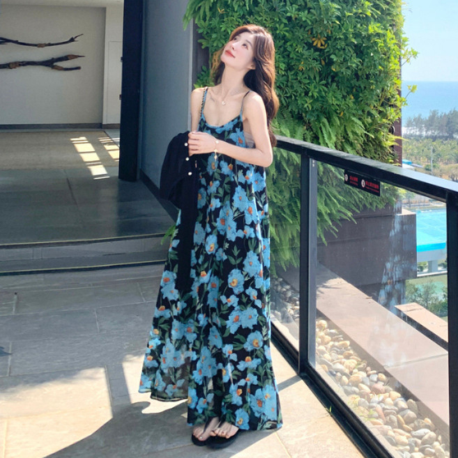 PEONIST 高級感碎花圖案無袖長版連身裙, 藍色