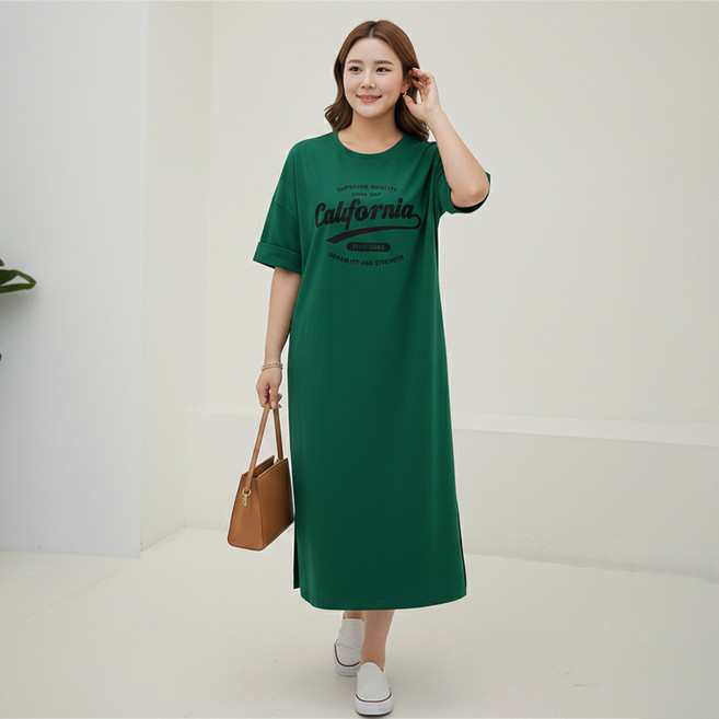 INFIOUS 女款加州大尺碼休閒短袖連身裙 I263-0080, 綠色
