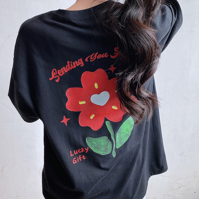 gelluna 女款純棉花朵印花寬鬆版短袖T恤 TH-92