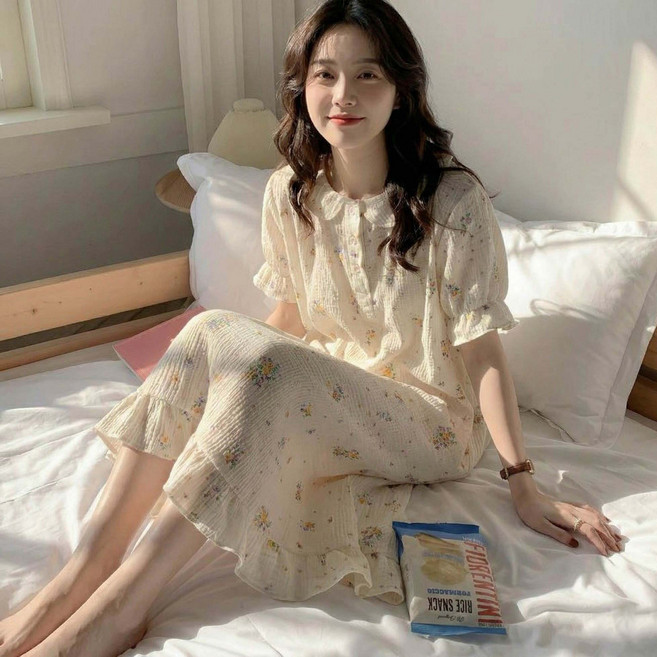 투이스타 여성용 루즈핏 반팔 패턴 원피스 파자마