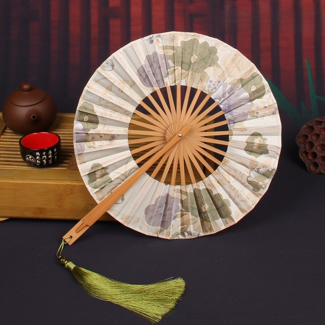 마켓피아 휴대용 접이식 원형 플라워 전통 부채, 24 그린 로터스, 1개