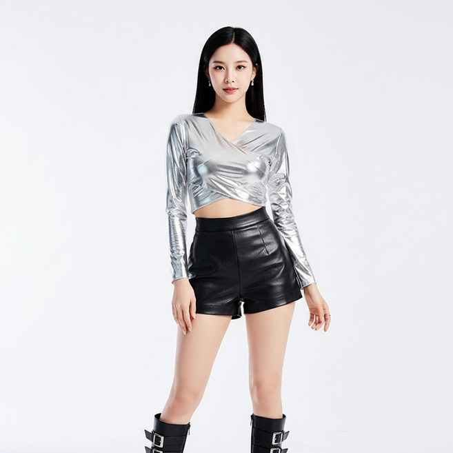 마켓피아 여성용 무대 댄스의상 광택 긴팔 랩 크롭