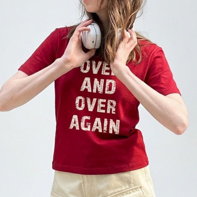 아이캔심플 여성용 빈티지 레터링 캐주얼 프린팅 반팔 티셔츠