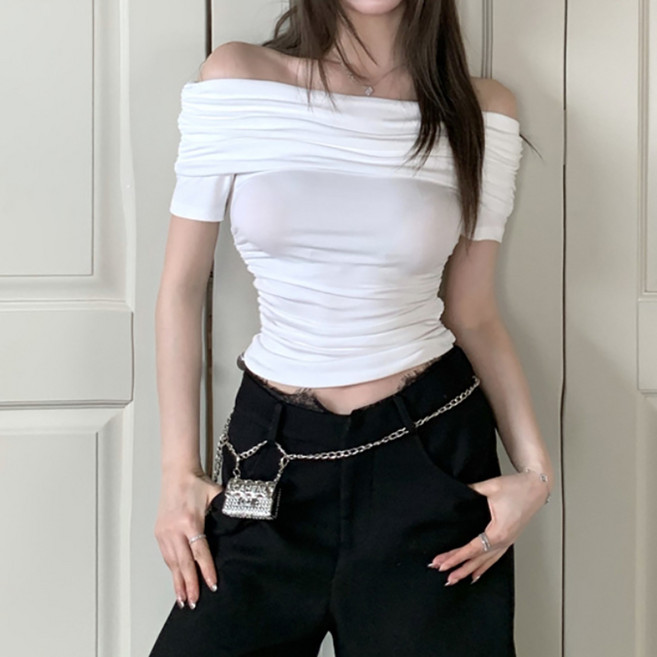 마켓에이 여성용 소프트 오프숄더 셔링 반팔 티셔츠 M263-0081