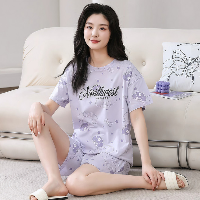 비올라 여성용 데일리 편한 루즈핏 잠옷 반팔 티셔츠 + 반바지 세트 VIO0045