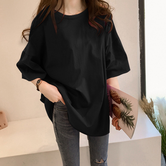 디멜디 여성용 데일리 오버핏 반팔 롱티셔츠 블랙 2XL