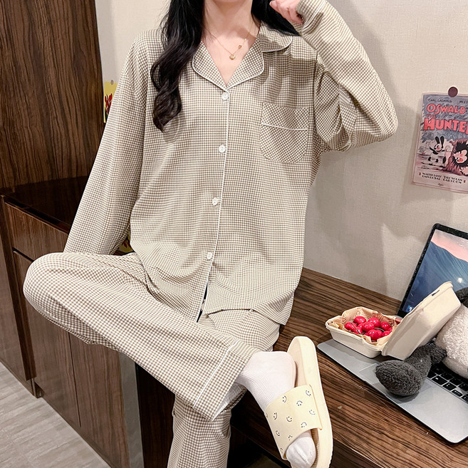 安娜安可 女性細格紋長袖睡衣家居服上下套裝
