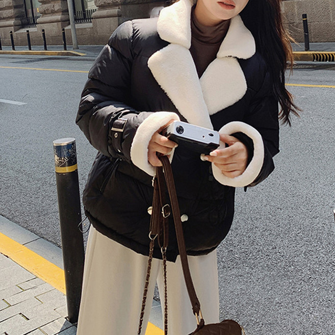 구디프 여성용 무스탕 스타일 더블 버튼 패딩