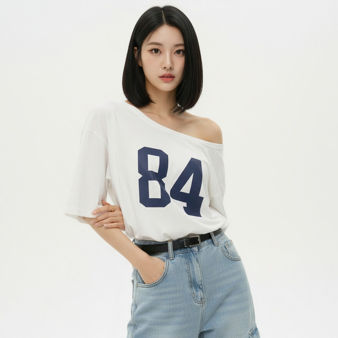마켓피아 여성용 숫자 프린팅 오프숄더 반팔 티셔츠