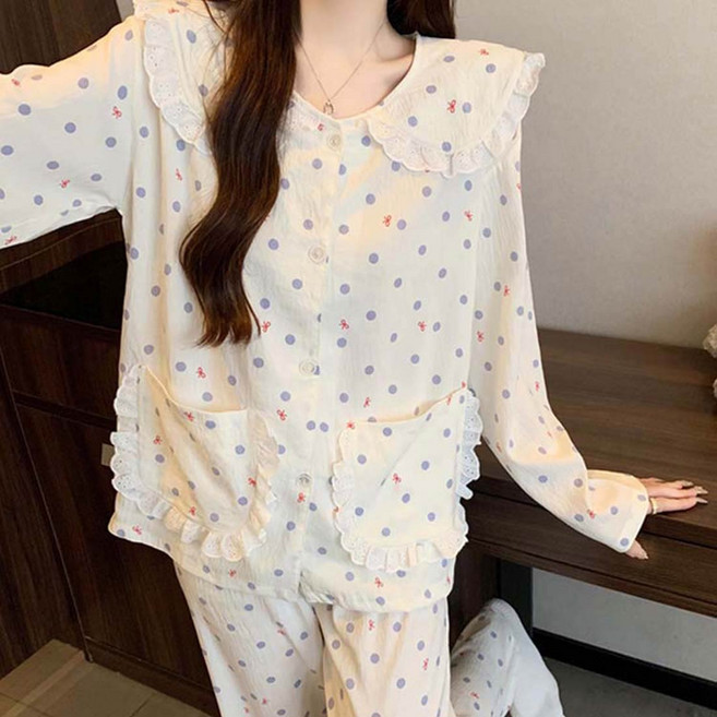 투이스타 여성용 미니멀 레이스 카라 잠옷 상하의 세트