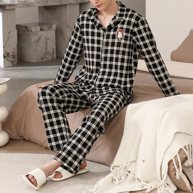 세컨핑크 커플용 고방 체크 긴팔 카라 잠옷 세트 #82805