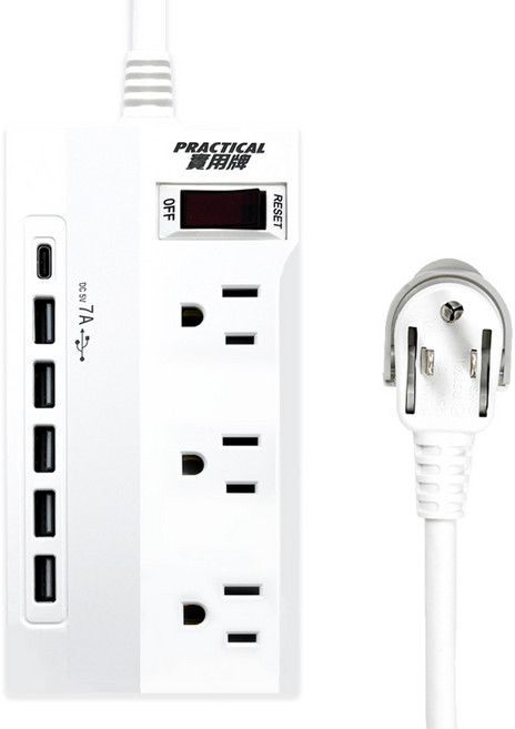 PRACTICAL 實用牌 1開3插電腦延長線 3孔 + 6USB PNA3136U-6, 白色, 1個, 1.8m