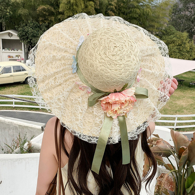 라라티나 여성용 제엘로 레이스 플라워 와이드챙 밀짚모자