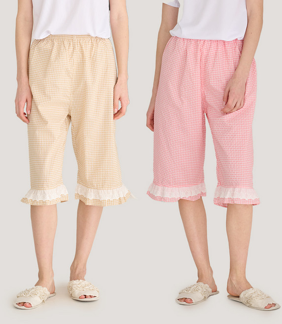 테라우드 여성용 리썸 체크 레이스 7부 파자마 바지 2종 세트