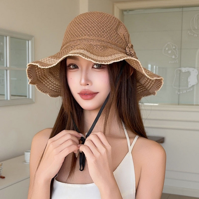 DMELD 女款花朵刺繡寬簷草編風格夏季漁夫帽