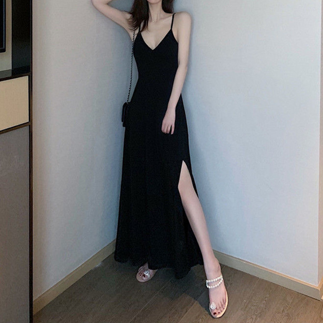 라라티나 여성용 리우빈 슬림핏 브이넥 끈나시 롱 원피스