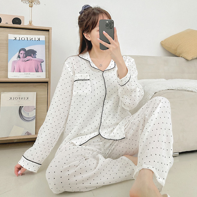 코코드림 여성용 도트란 고급 뽀송 요루면 셔츠형 잠옷 상하의 세트 HL202410