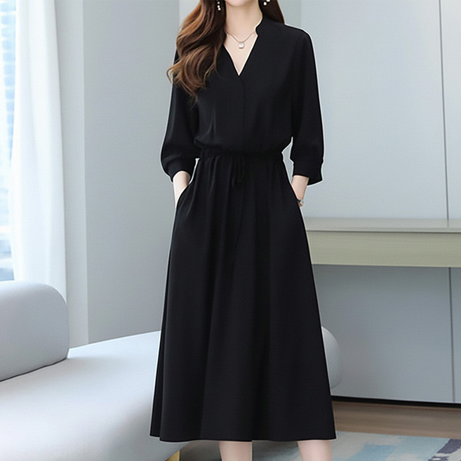 peilit 女款大尺碼日常腰部抽繩V領連身裙, 黑色