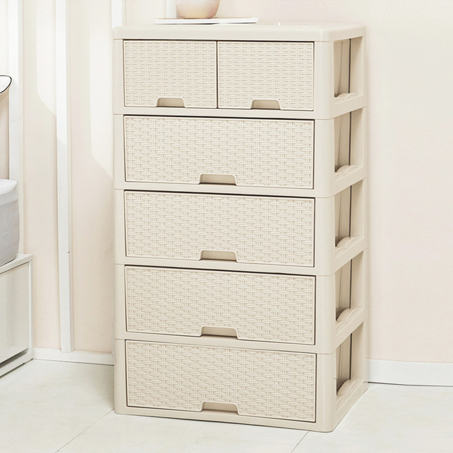 藤編微笑五層抽屜櫃, 米白色, 6格