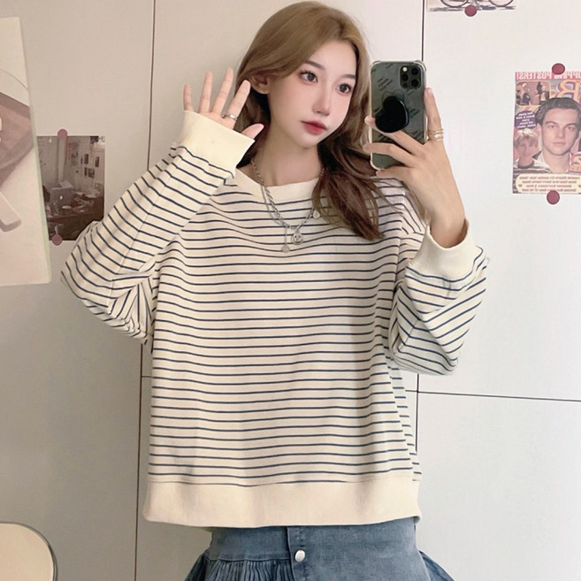 Elsso 女款寬鬆版型條紋長袖運動衫