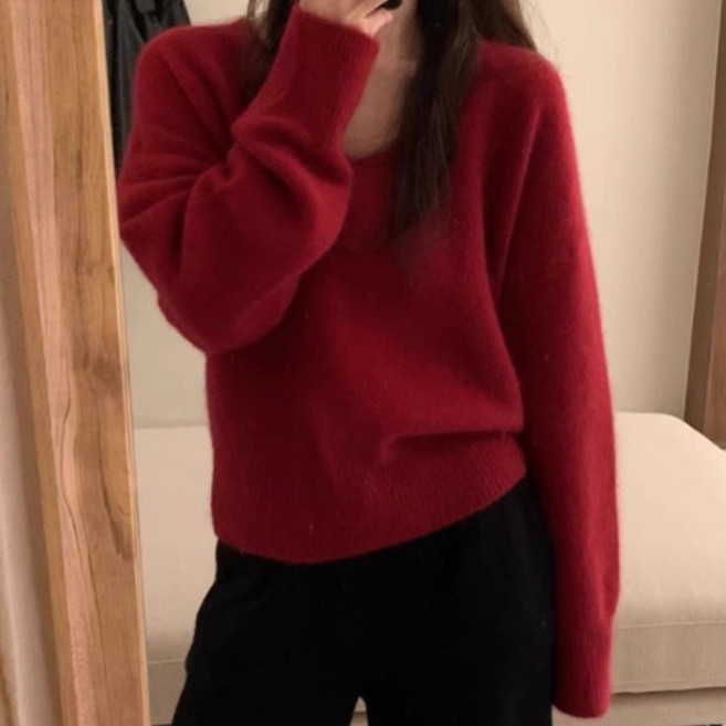 PEONIST 女款柔軟V領寬鬆日常針織衫