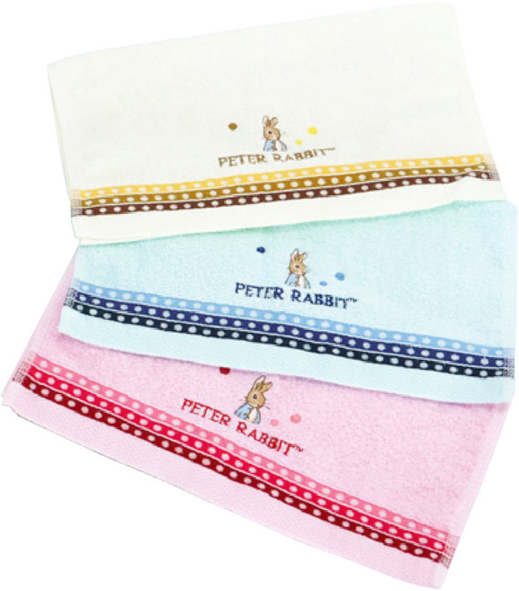 PETER RABBIT 比得兔 圓點精繡方巾3件組 PR1652, 粉色 + 黃色 + 藍色, 3條