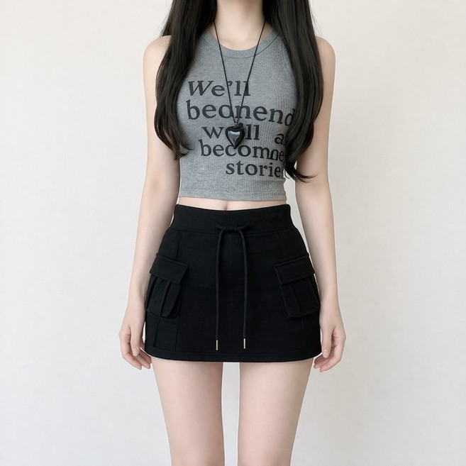 unheve 女款口袋街頭鬆緊帶迷你裙