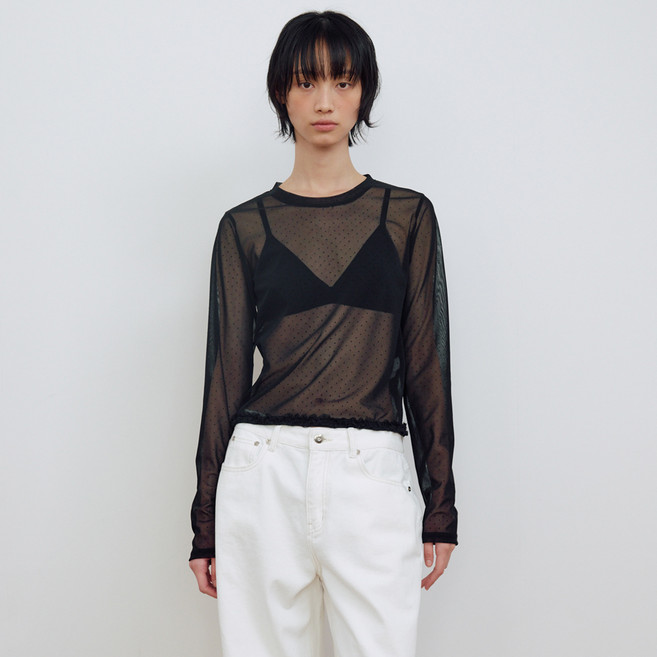 마조네 여성용 DOT MESH SHEER LONG SLEEVE TOP