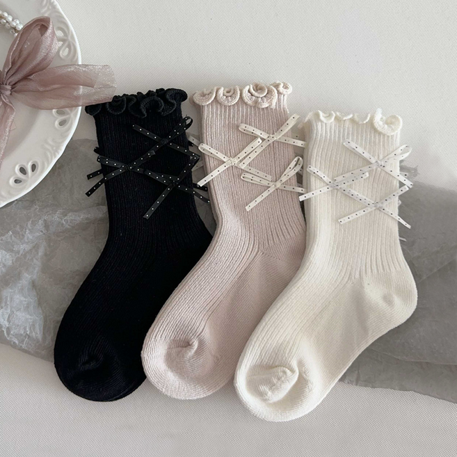 비단길 아동용 리보네 셔링리본 양말 3켤레