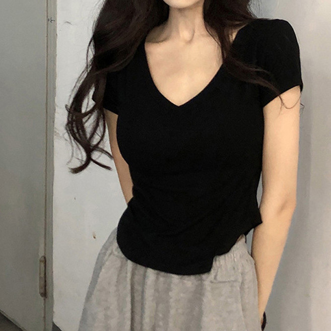 디멜디 여성용 브이넥 슬림핏 단색 머슬 반팔티셔츠