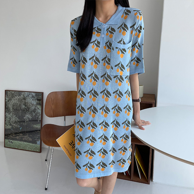 메이첼 튤립 패턴 빅사이즈 폴로넥 니트 원피스 00075