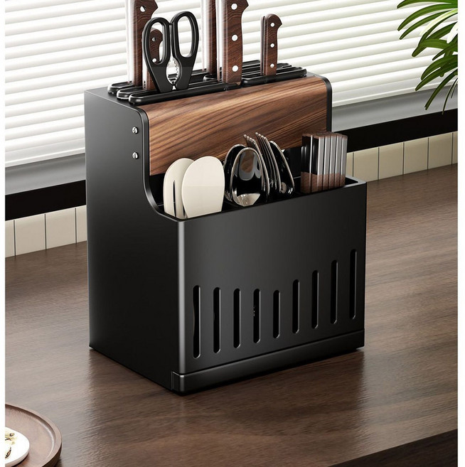 블랙월넛 원목 주방 칼꽂이 수저통, 블랙, 1개