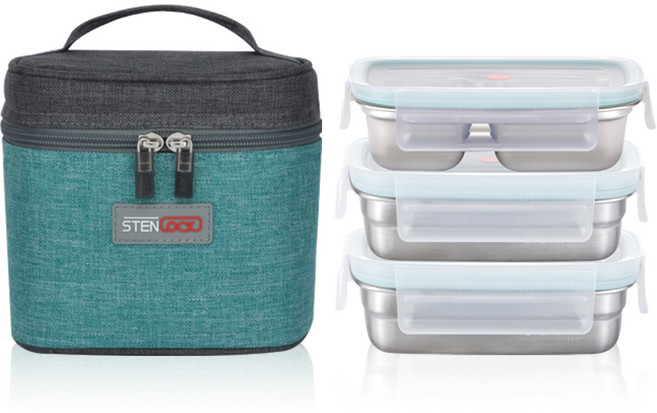 스텐락 퓨어 직사각 3단 도시락 소 300ml + 350ml x 2p, VINTAGE GREEN, 1세트