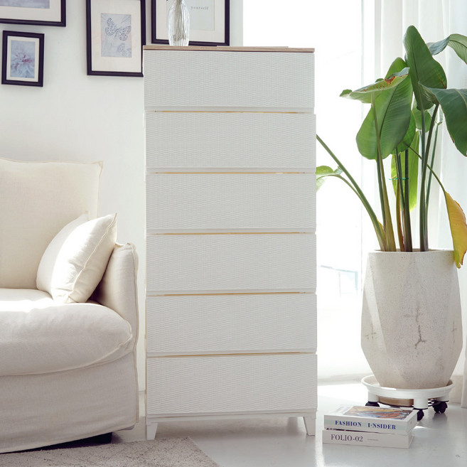 보노하우스 에버 라탄 우드상판 와이드 서랍장 6단, 화이트, 1개