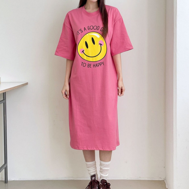 라라온 스마일 라운드넥 면 반팔 롱 원피스 26TSP3952