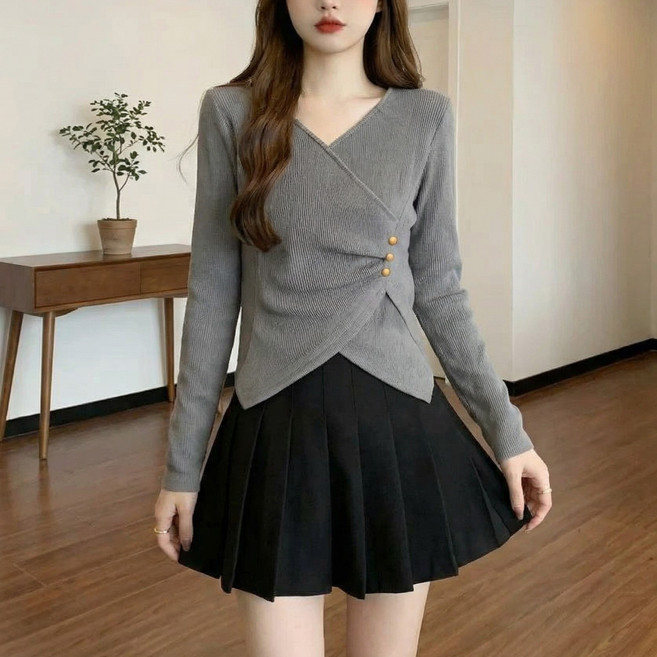 언헤브 여성용 브이넥 골지 랩 버튼 티셔츠