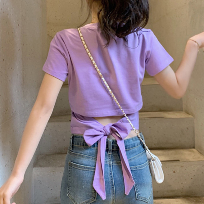 더플로우커머스 여성용 데일리 백리스 리본 크롭 반팔 티셔츠