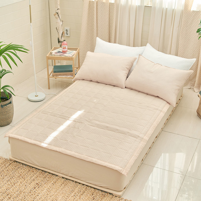 심플럭스 썸머워싱 시어서커 여름 누빔 침대용 고정 밴딩 패드, 핑크베이지