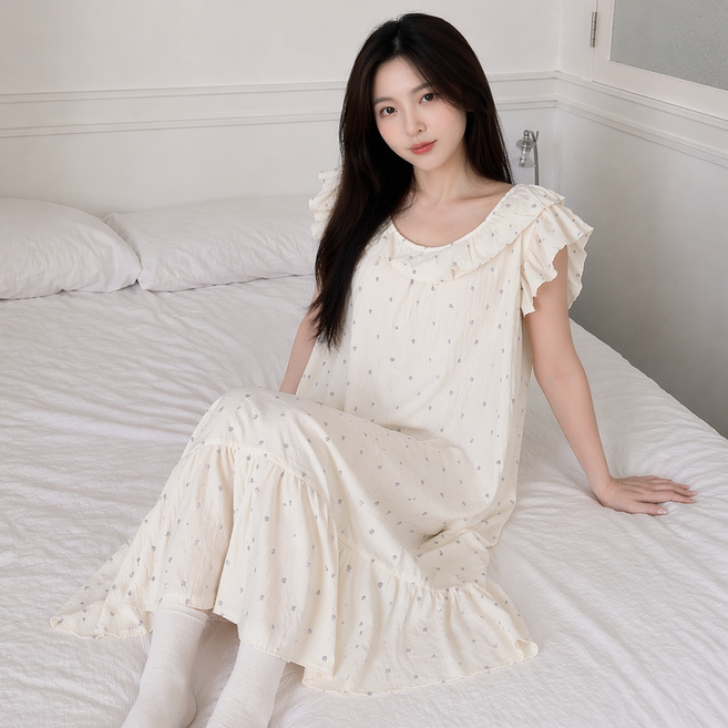 2Estar 女款附胸墊U領荷葉邊長版連身睡裙
