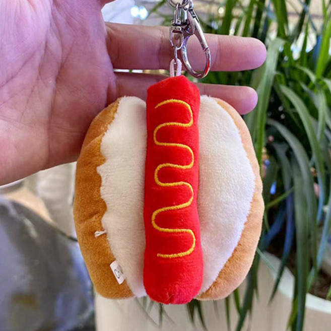 버블리데이 귀여운 패스트푸드 인형키링 핫도그 가방장식, 브라운 + 아이보리 + 레드, 1개, 9cm