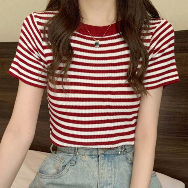 타니즈 여성용 다나 단가라 스트라이프 골지 반팔 티셔츠