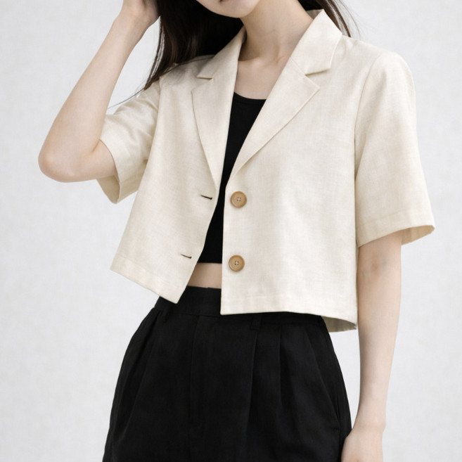 라라온 여성용 코튼 크롭 카라넥 버튼 반팔 자켓 26TSP3980